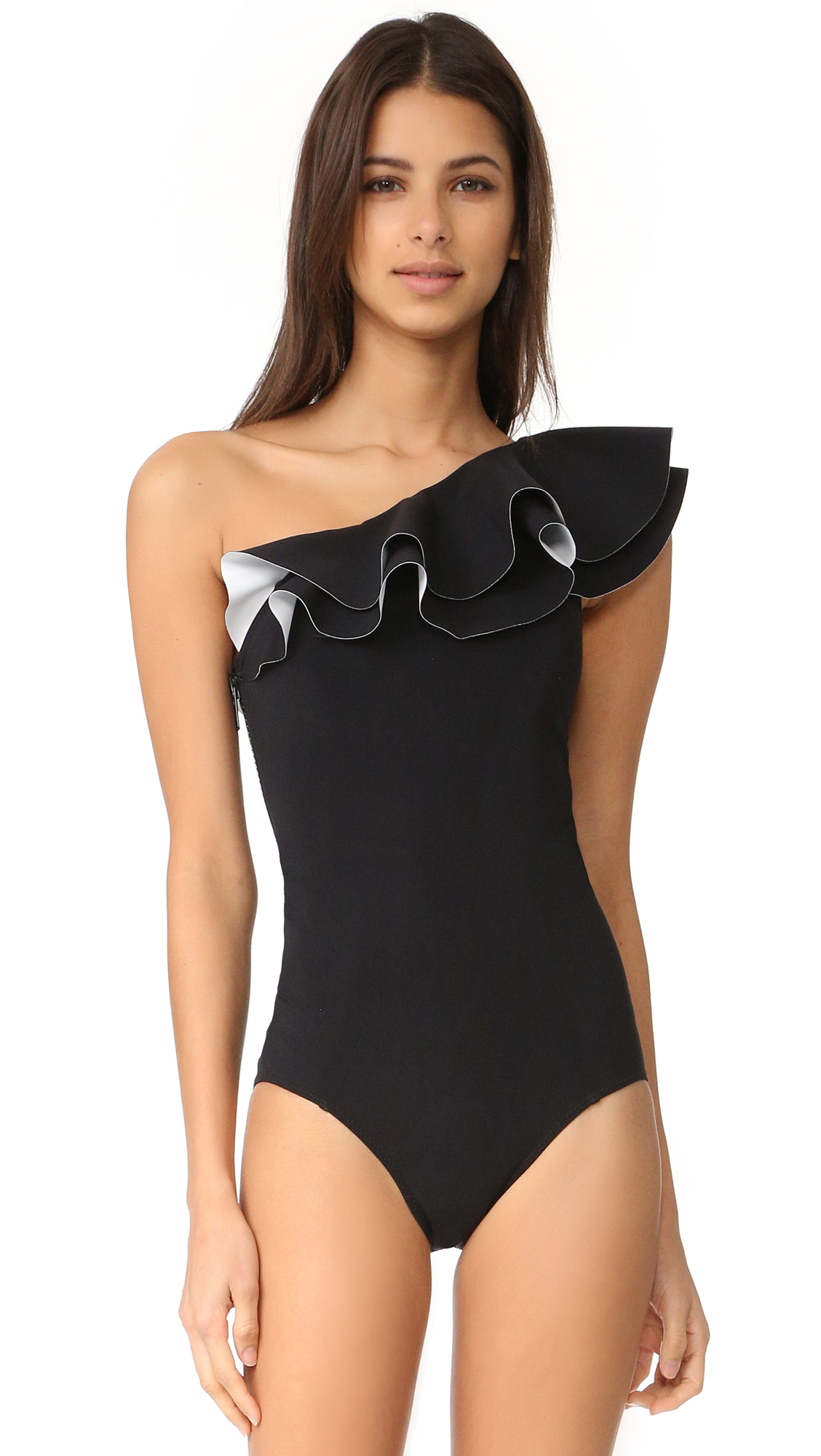 F4718 Layered Ruffle One Shoulder One Piece Swimsuit in Black